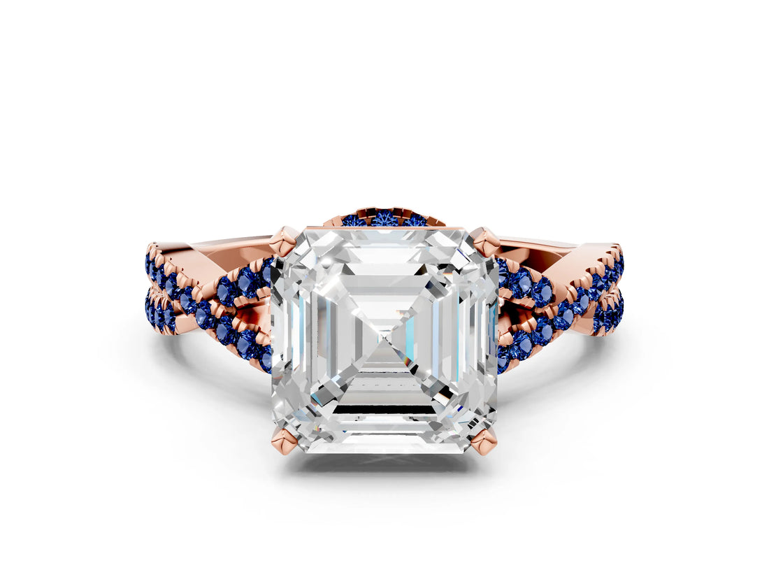 Rose gold Asscher Cut Diamond with Blue Sapphire side stone Halo Twist Band Solitaire Prong Setting Ring_36