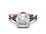 Rose gold Asscher Cut Diamond with Blue Sapphire side stone Halo Twist Band Solitaire Prong Setting Ring_36