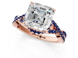 Rose gold Asscher Cut Diamond with Blue Sapphire side stone Halo Twist Band Solitaire Prong Setting Ring_37