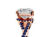 Rose gold Asscher Cut Diamond with Blue Sapphire side stone Halo Twist Band Solitaire Prong Setting Ring_41