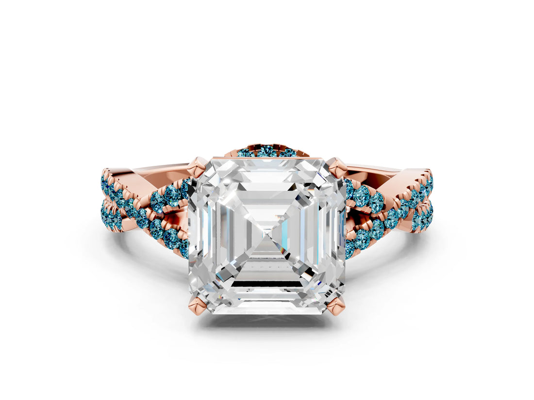 Rose gold Asscher Cut Diamond with Blue Topaz side stone Halo Twist Band Solitaire Prong Setting Ring_12
