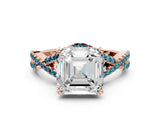 Rose gold Asscher Cut Diamond with Blue Topaz side stone Halo Twist Band Solitaire Prong Setting Ring_12