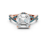 Rose gold Asscher Cut Diamond with Blue Topaz side stone Halo Twist Band Solitaire Prong Setting Ring_36