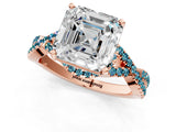 Rose gold Asscher Cut Diamond with Blue Topaz side stone Halo Twist Band Solitaire Prong Setting Ring_37