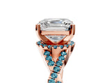 Rose gold Asscher Cut Diamond with Blue Topaz side stone Halo Twist Band Solitaire Prong Setting Ring_41