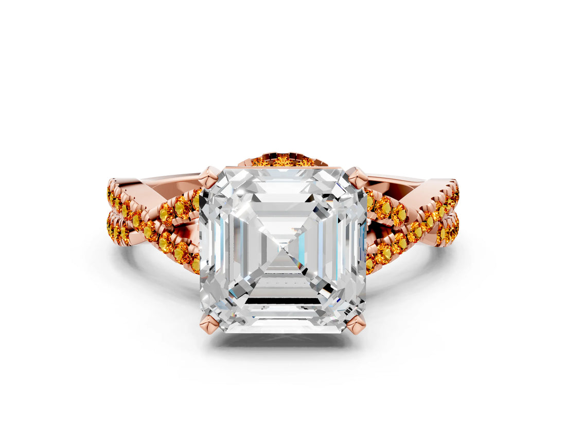 Rose gold Asscher Cut Diamond with Citrine side stone Halo Twist Band Solitaire Prong Setting Ring_12