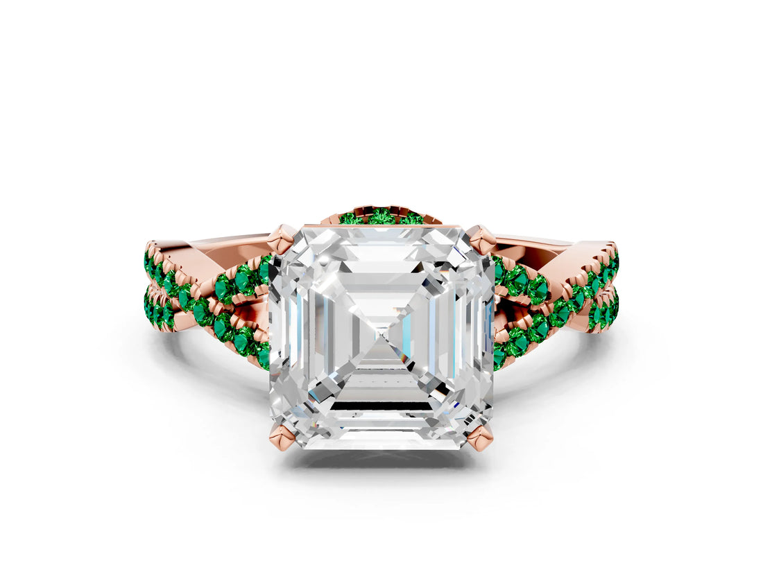 Rose gold Asscher Cut Diamond with Emerald side stone Halo Twist Band Solitaire Prong Setting Ring_12