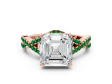 Rose gold Asscher Cut Diamond with Emerald side stone Halo Twist Band Solitaire Prong Setting Ring_12