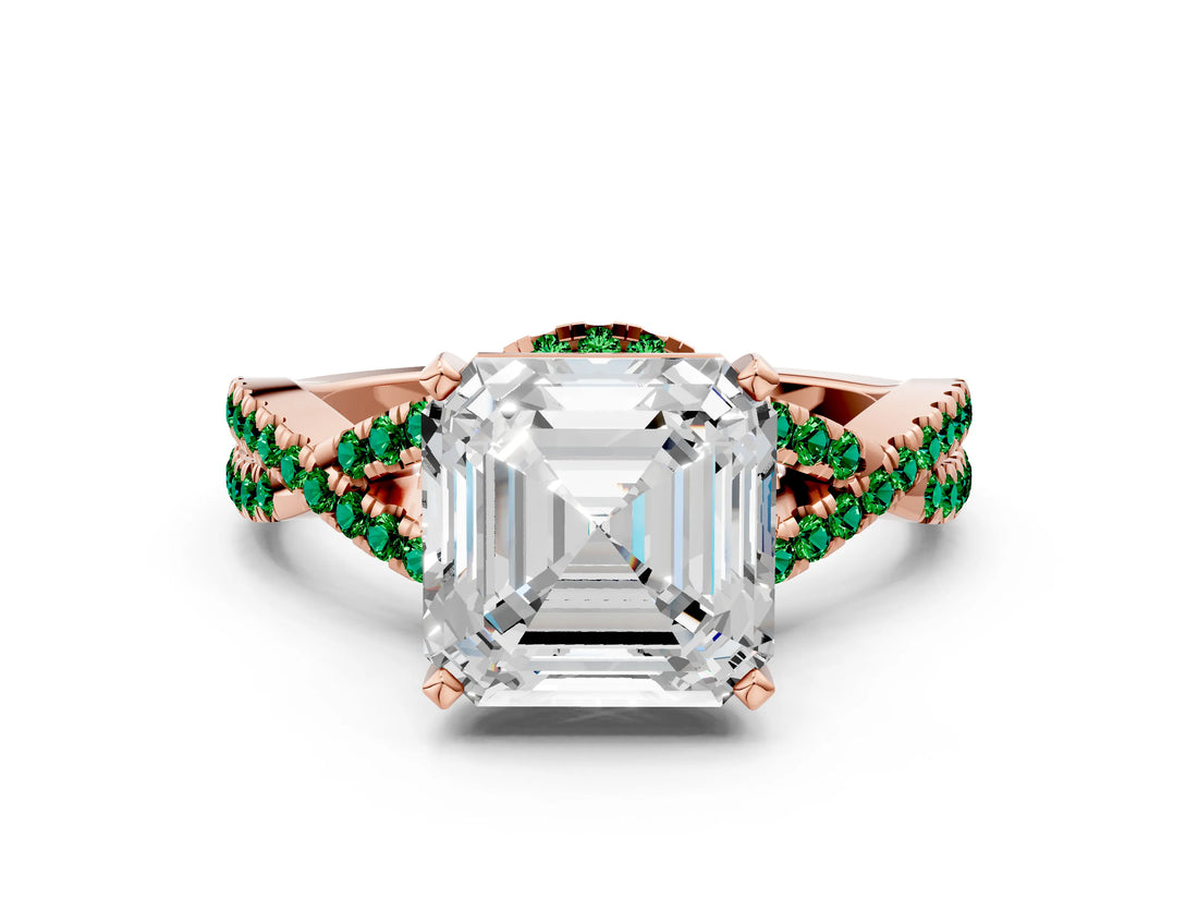 Rose gold Asscher Cut Diamond with Emerald side stone Halo Twist Band Solitaire Prong Setting Ring_36