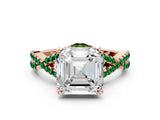 Rose gold Asscher Cut Diamond with Emerald side stone Halo Twist Band Solitaire Prong Setting Ring_36