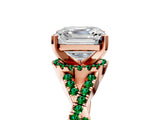 Rose gold Asscher Cut Diamond with Emerald side stone Halo Twist Band Solitaire Prong Setting Ring_41