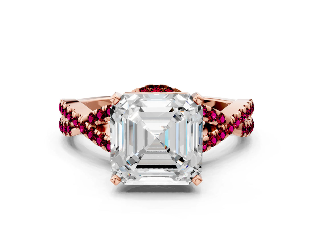 Rose gold Asscher Cut Diamond with Garnet side stone Halo Twist Band Solitaire Prong Setting Ring_12