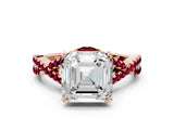 Rose gold Asscher Cut Diamond with Garnet side stone Halo Twist Band Solitaire Prong Setting Ring_12
