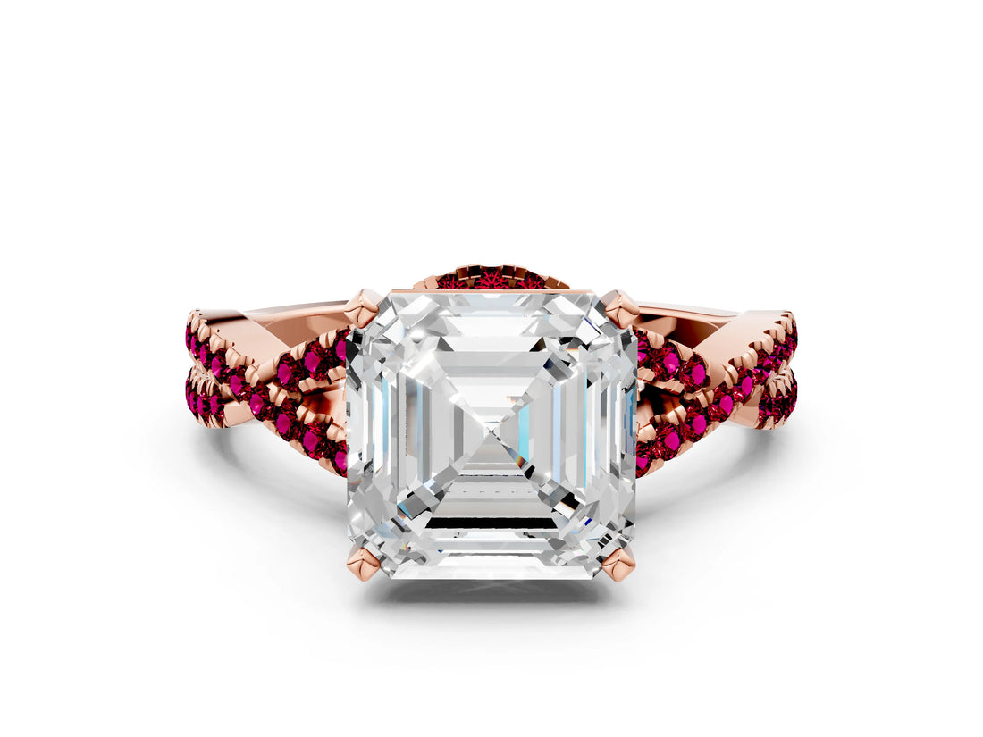 Rose gold Asscher Cut Diamond with Garnet side stone Halo Twist Band Solitaire Prong Setting Ring_36