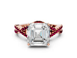 Rose gold Asscher Cut Diamond with Garnet side stone Halo Twist Band Solitaire Prong Setting Ring_36
