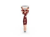 Rose gold Asscher Cut Diamond with Garnet side stone Halo Twist Band Solitaire Prong Setting Ring_38