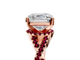 Rose gold Asscher Cut Diamond with Garnet side stone Halo Twist Band Solitaire Prong Setting Ring_41