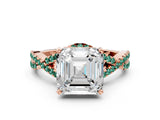 Rose gold Asscher Cut Diamond with Green Sapphire side stone Halo Twist Band Solitaire Prong Setting Ring_36