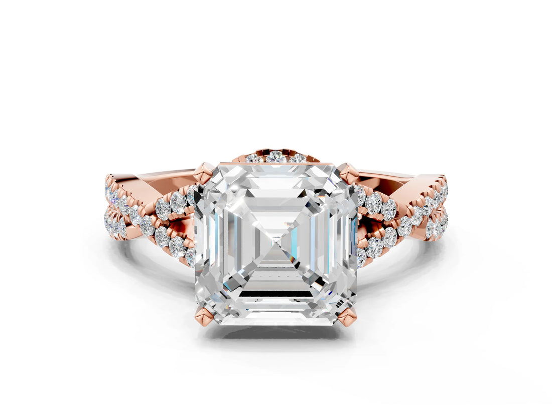 Rose gold Asscher Cut Diamond with Moissanite side stone Halo Twist Band Solitaire Prong Setting Ring_12