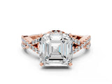 Rose gold Asscher Cut Diamond with Moissanite side stone Halo Twist Band Solitaire Prong Setting Ring_12