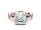 Rose gold Asscher Cut Diamond with Moissanite side stone Halo Twist Band Solitaire Prong Setting Ring_36