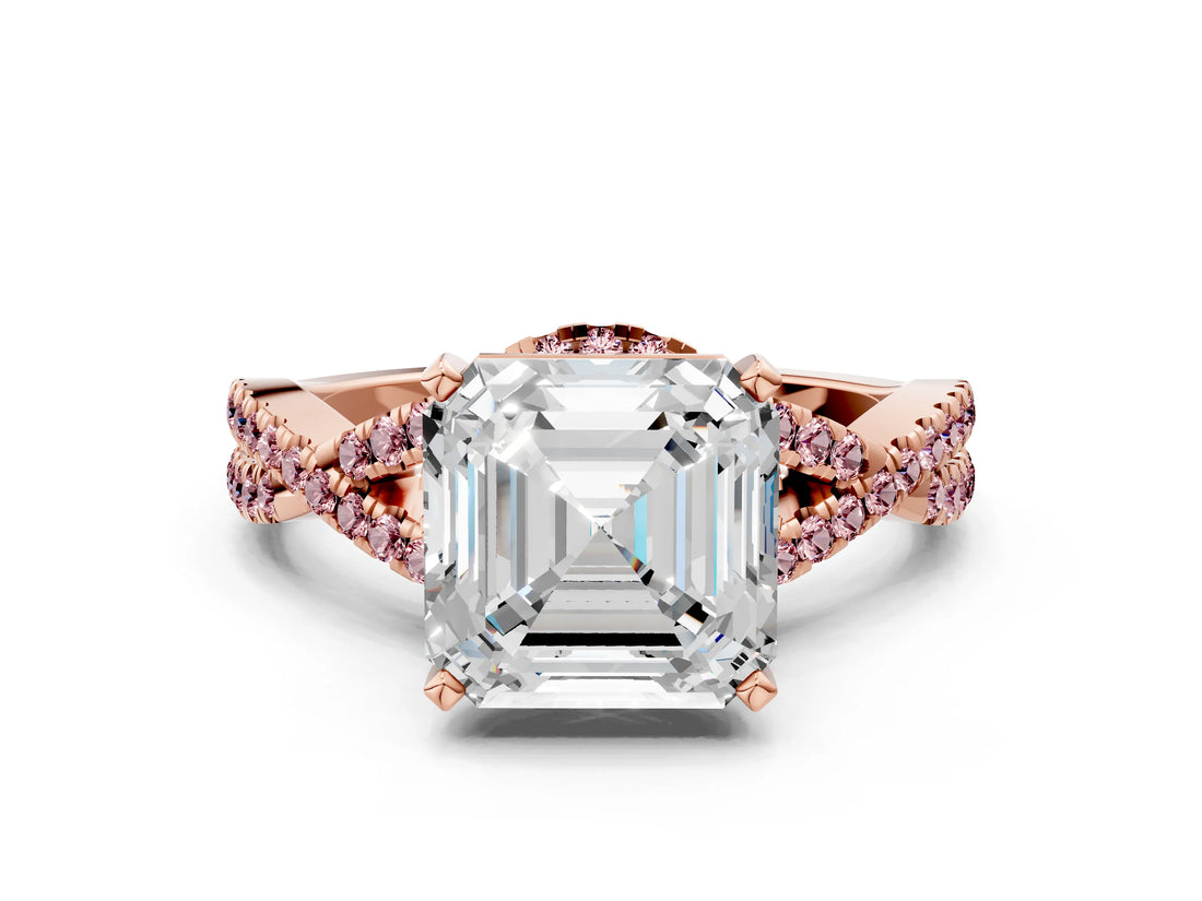 Rose gold Asscher Cut Diamond with Morganite side stone Halo Twist Band Solitaire Prong Setting Ring_12