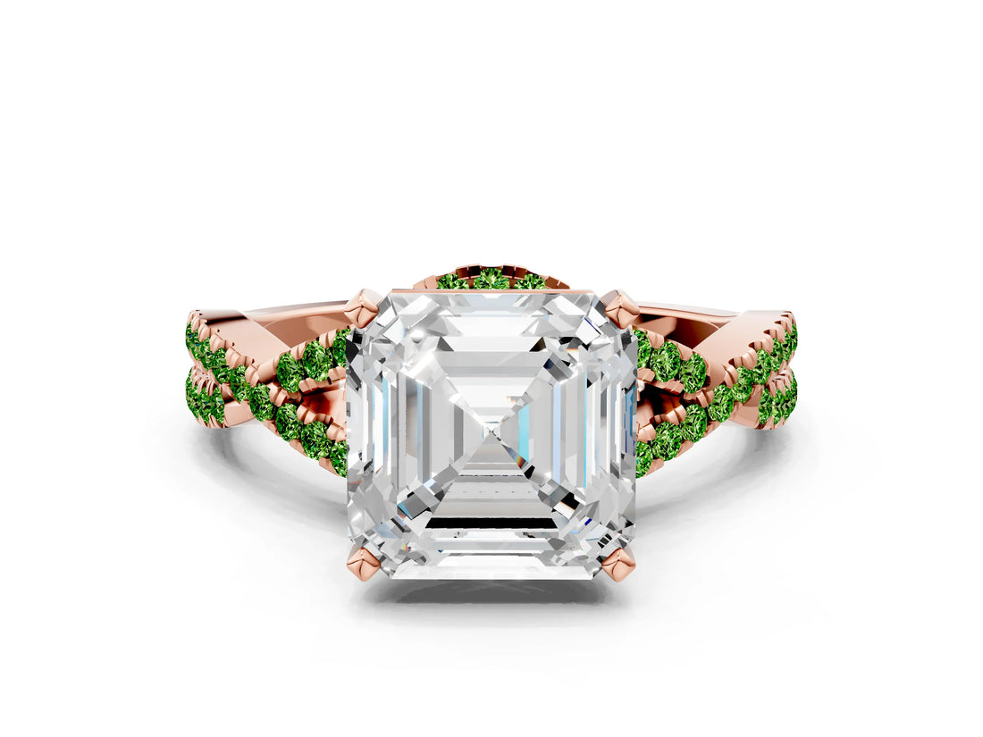 Rose gold Asscher Cut Diamond with Peridot side stone Halo Twist Band Solitaire Prong Setting Ring_12