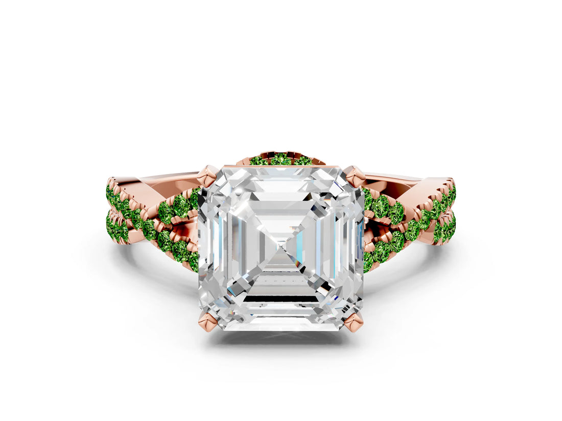 Rose gold Asscher Cut Diamond with Peridot side stone Halo Twist Band Solitaire Prong Setting Ring_36