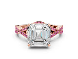 Rose gold Asscher Cut Diamond with Pink Sapphire side stone Halo Twist Band Solitaire Prong Setting Ring_36