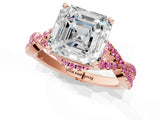 Rose gold Asscher Cut Diamond with Pink Sapphire side stone Halo Twist Band Solitaire Prong Setting Ring_37
