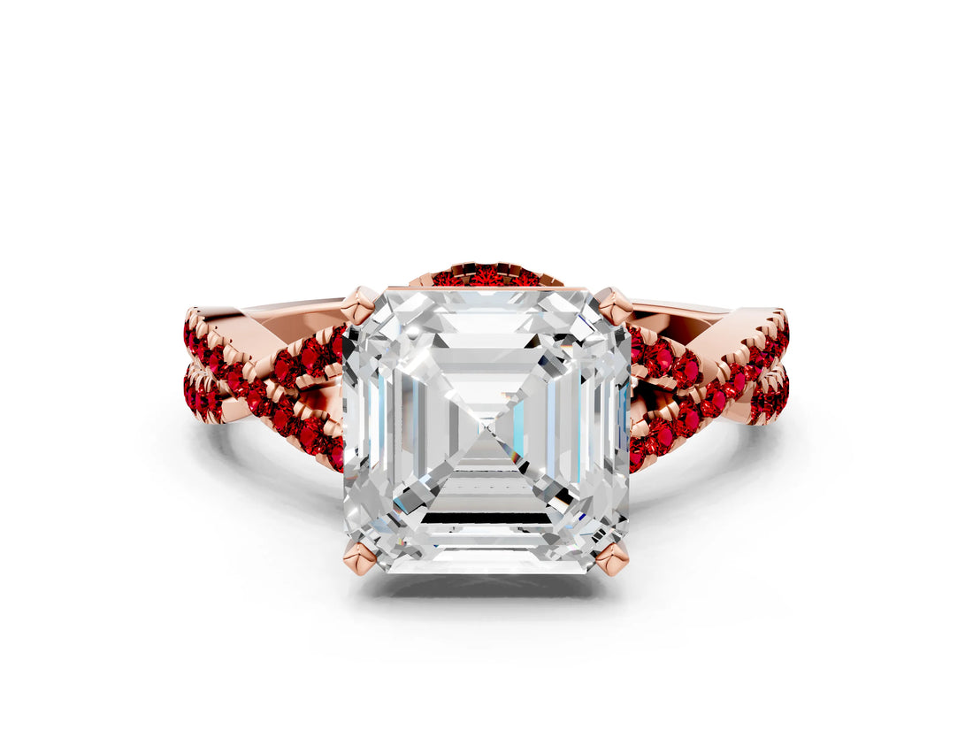 Rose gold Asscher Cut Diamond with Ruby side stone Halo Twist Band Solitaire Prong Setting Ring_12
