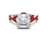 Rose gold Asscher Cut Diamond with Ruby side stone Halo Twist Band Solitaire Prong Setting Ring_12