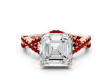 Rose gold Asscher Cut Diamond with Ruby side stone Halo Twist Band Solitaire Prong Setting Ring_36