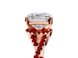 Rose gold Asscher Cut Diamond with Ruby side stone Halo Twist Band Solitaire Prong Setting Ring_41