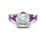 Rose gold Asscher Cut Diamond with Tanzanite side stone Halo Twist Band Solitaire Prong Setting Ring_12