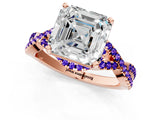 Rose gold Asscher Cut Diamond with Tanzanite side stone Halo Twist Band Solitaire Prong Setting Ring_13