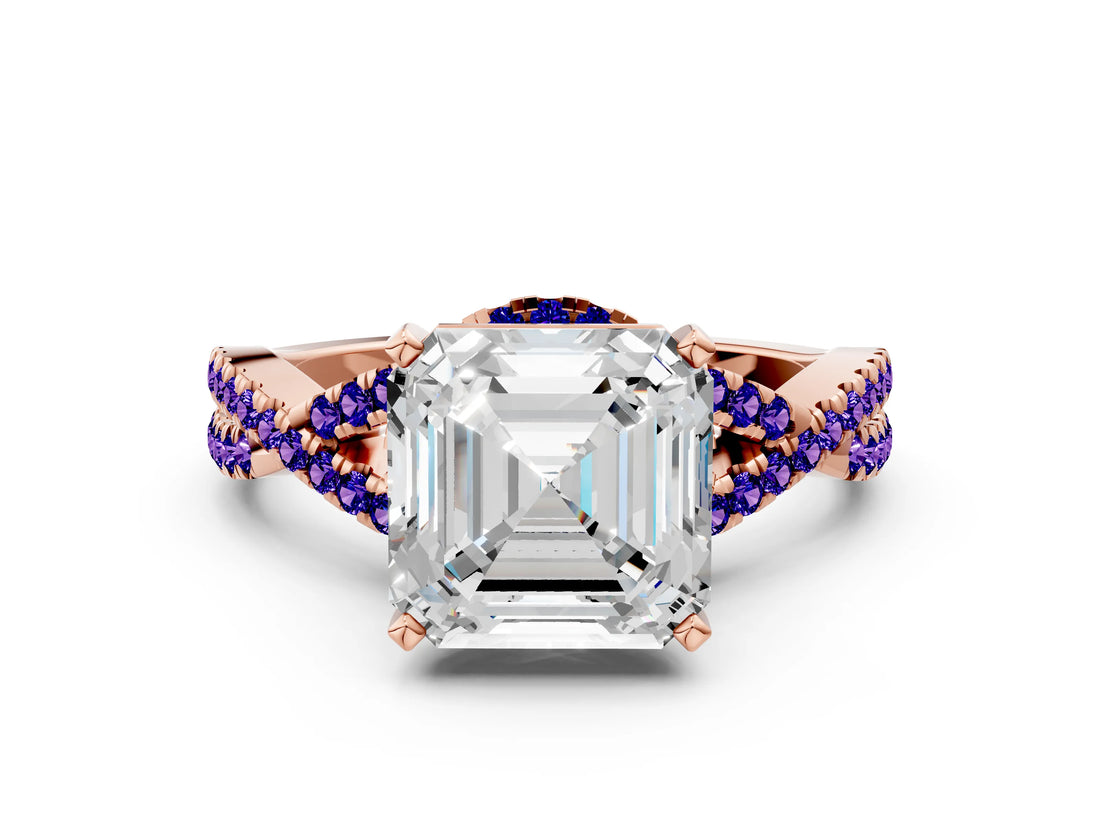 Rose gold Asscher Cut Diamond with Tanzanite side stone Halo Twist Band Solitaire Prong Setting Ring_24