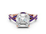 Rose gold Asscher Cut Diamond with Tanzanite side stone Halo Twist Band Solitaire Prong Setting Ring_24
