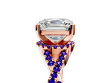 Rose gold Asscher Cut Diamond with Tanzanite side stone Halo Twist Band Solitaire Prong Setting Ring_29