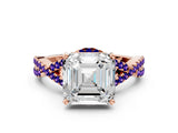 Rose gold Asscher Cut Diamond with Tanzanite side stone Halo Twist Band Solitaire Prong Setting Ring_36