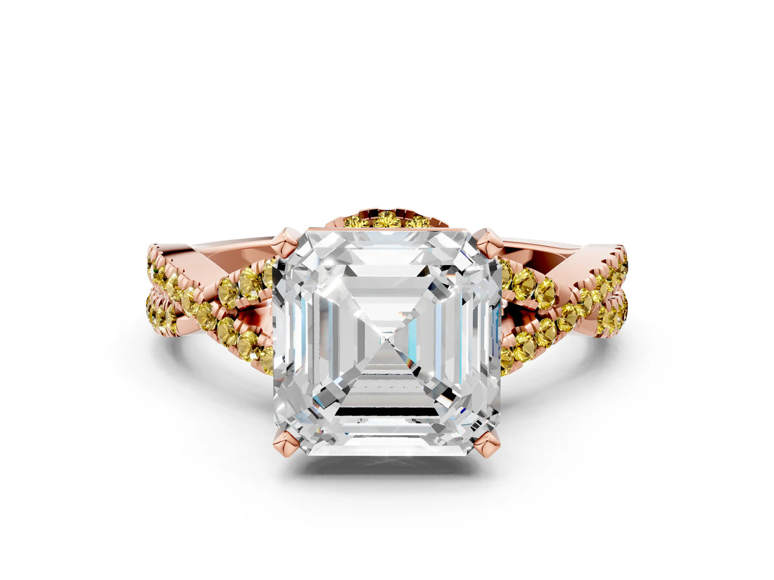 Rose gold Asscher Cut Diamond with Yellow Sapphire side stone Halo Twist Band Solitaire Prong Setting Ring_36