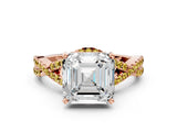 Rose gold Asscher Cut Diamond with Yellow Sapphire side stone Halo Twist Band Solitaire Prong Setting Ring_36