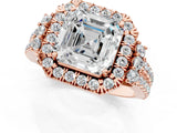 Rose gold Asscher Cut Double Halo Diamond Engagement Ring with Pave Band and Four-Prong Setting 1