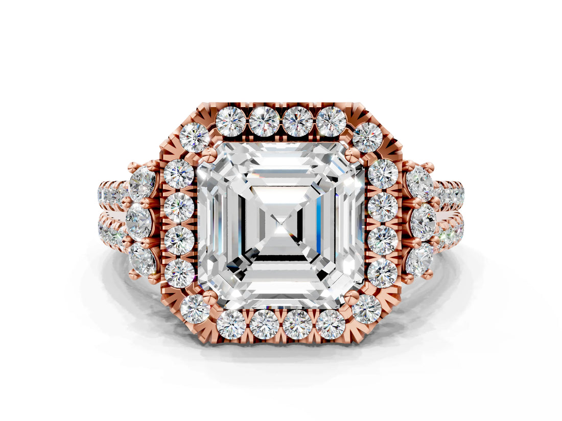 Rose gold Asscher Cut Double Halo Diamond Engagement Ring with Pave Band and Four-Prong Setting