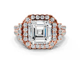 Rose gold Asscher Cut Double Halo Diamond Engagement Ring with Pave Band and Four-Prong Setting