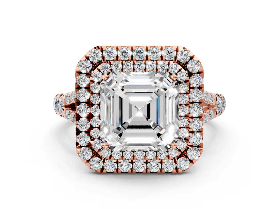 Rose gold Asscher Cut Double Halo Split Shank Diamond Ring with Prong Setting_53