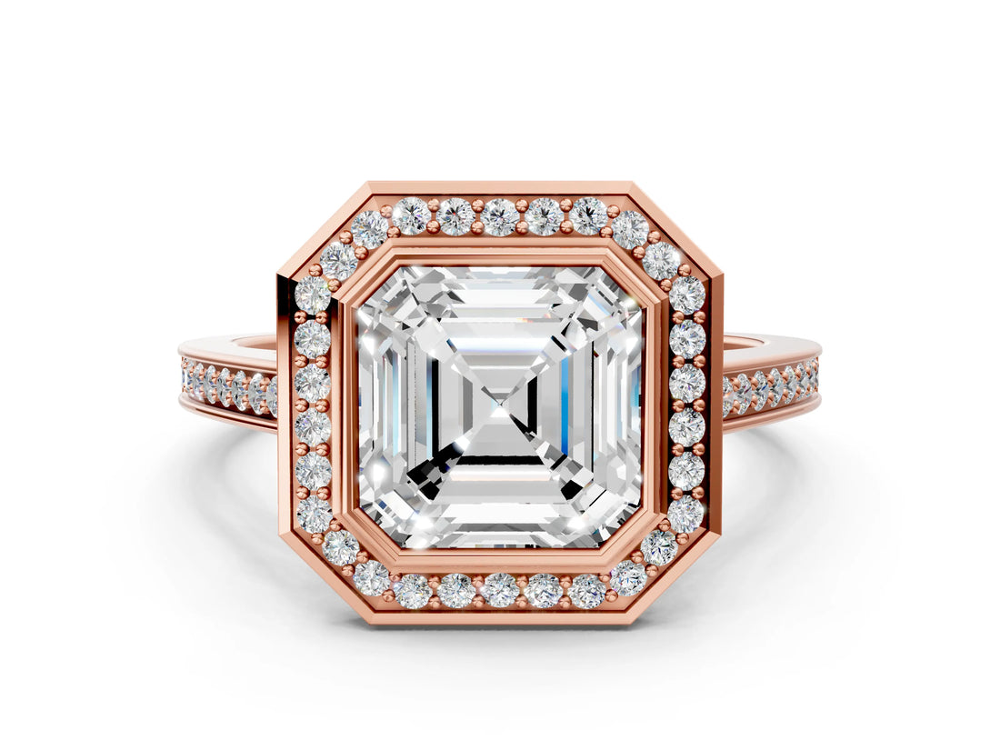Rose gold Asscher Cut Halo Bezel Diamond Pave Band Ring_9