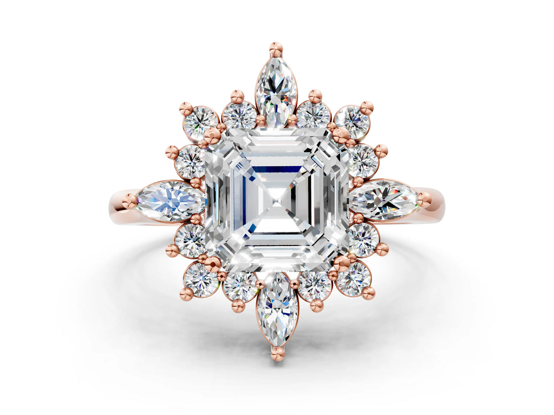 Rose gold Asscher Cut Halo Diamond Cluster Ring with Marquise and Round Stones on a White Gold Band with Prong Setting_27