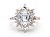 Rose gold Asscher Cut Halo Diamond Cluster Ring with Marquise and Round Stones on a White Gold Band with Prong Setting_27