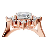 Rose gold Asscher Cut Halo Diamond Cluster Ring with Marquise and Round Stones on a White Gold Band with Prong Setting_31